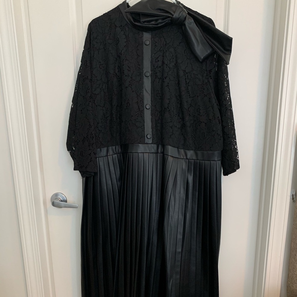 Black lace a leatherette pleated dress